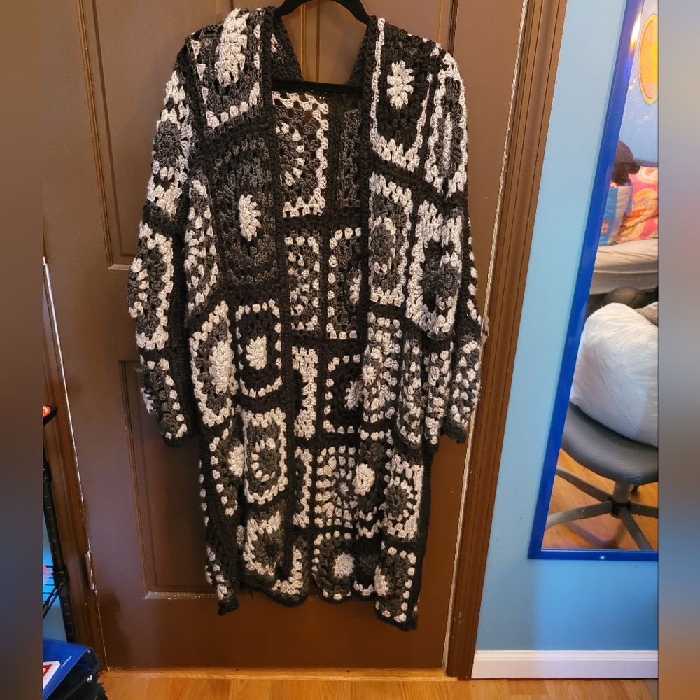 Homemade Black And Gray Granny Square Cardigan